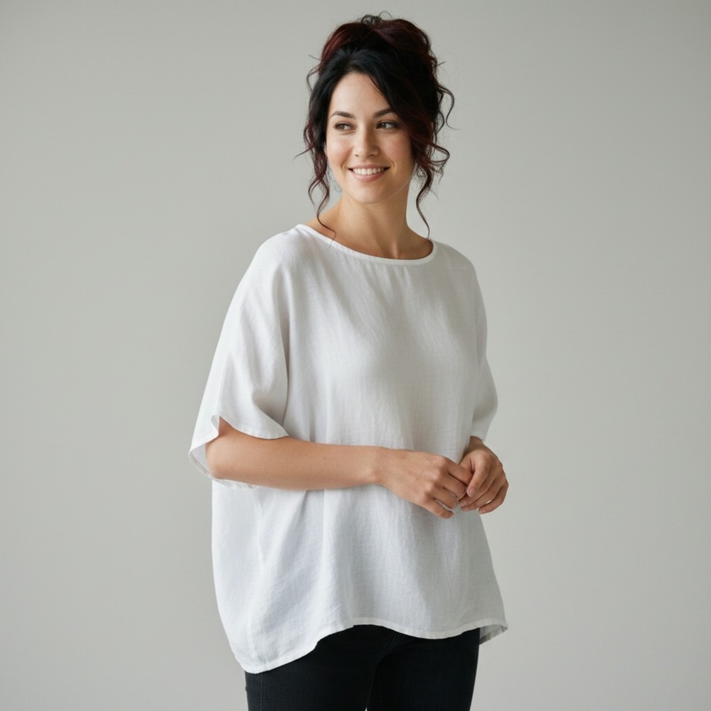 Viola Borghi White 100% Linen Boxy Blouse Made in Italy Size M Short Sleeve